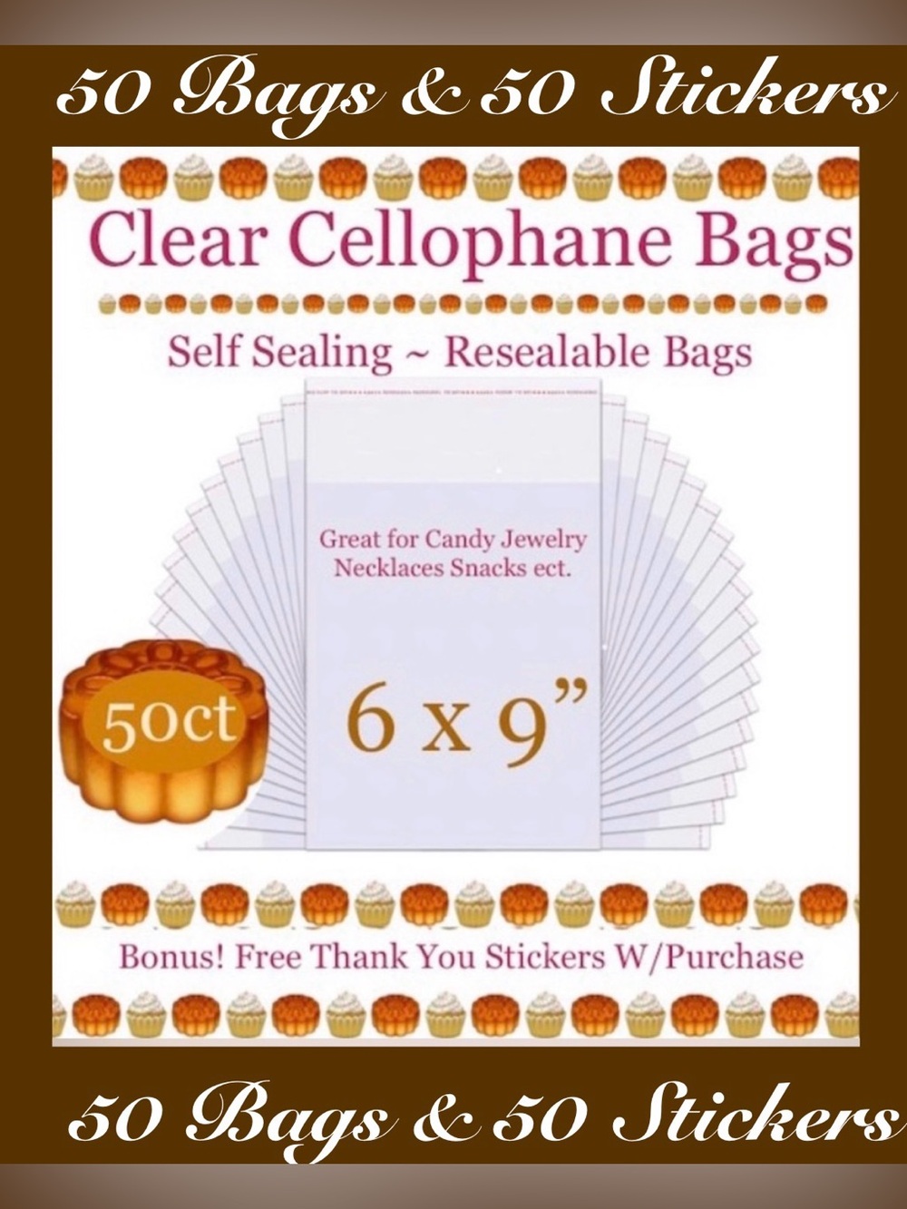 50ct~6’x9’ Crystal Clear Cello Bags w/50ct Free Thank You Stickers 🍃🆕🍃